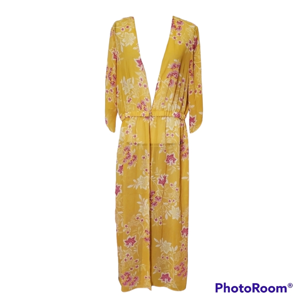Vince camuto Floral Getaway Chiffon plunge neck Duster In yellow Amber S…